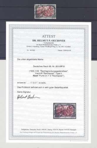 Dt. Reich Mi.Nr. 66 II PF II, 5 Mark Reichspost PF II gestempelt, FA BPP