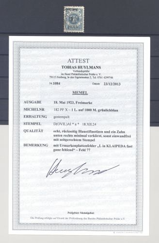 Memel Michel Nummer 182 PF X, 1 L. mit PF X gestempelt, FA BPP
