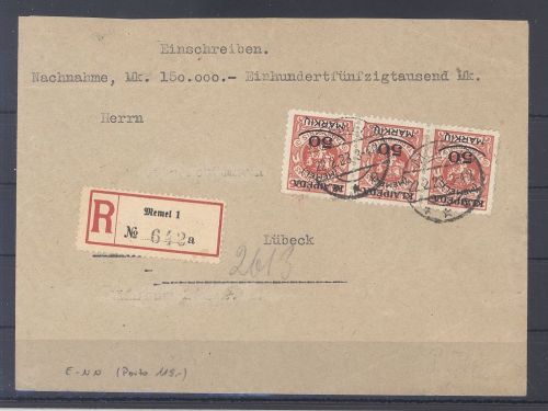 Memel Lit. Besetzung, R - Nachnahme Brief Dreierstreifen 50 M. Memel