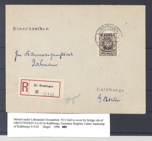 Memel Lit. Besetzung, R - Brief 1923 mit 400 M. als EF aus Grottingen