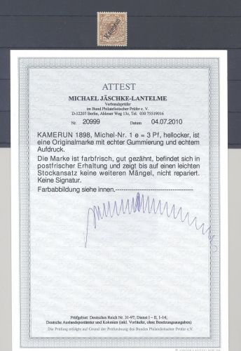 Dt. Kolonien Kamerun Michel Nummer 1e, 3 Pfg. 1897-99 **, FA BPP