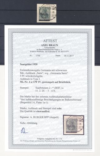 Saargebiet Michel Nummer 4a I PF IV, 5 Pfg. PF IV Briefstück, FA BPP