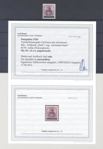 Saargebiet Michel Nummer 14a I, 60 Pfg. Sarre ungebraucht *, FA BPP