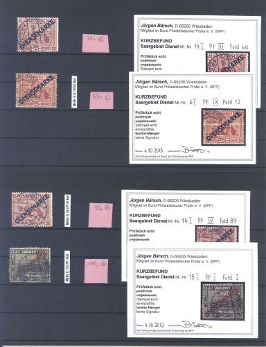 Saargebiet Dienst, 4 gestempelte Abarten als Posten, Befunde BPP
