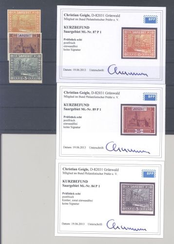 Saargebiet Dienst, 3 verschiedene ** Probedrucke als Posten, Befund BPP