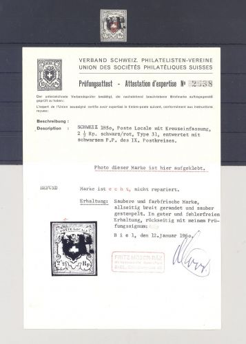 Schweiz Michel Nr. 6 I, 2 1-2 Rp. Freimarke 1850 gestempelt, Befund