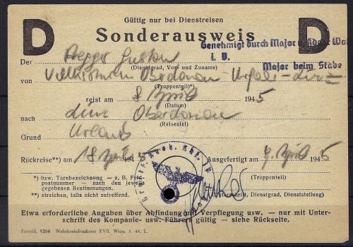 Sonderausweis Volkssturm Kampfgruppe Oberdonau Linz Urfahr 18.4.1945 (05