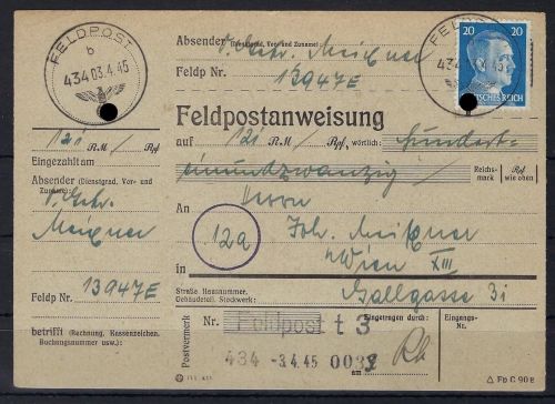 FP-Postanweisung Italien FP-Amt 22.4.1945, PpA Ostmark (06