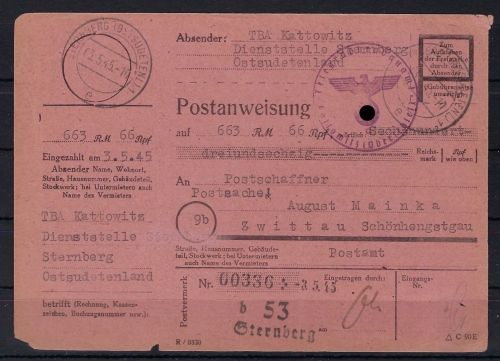 Späte FP-Postanweisung 3.5.45 Ostsudetenland, nicht mehr ausbezahlt (07