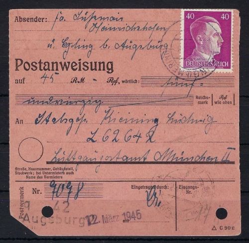 FP-Postanweisung an L62642 Alpenvorland Bozen am 13.4.45 erhalten (08