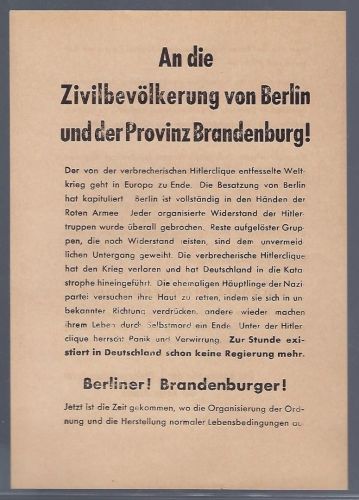 Berlin Kriegsende, Infoblatt der Roten Armee a.d. Bevölkerung. Selten (52
