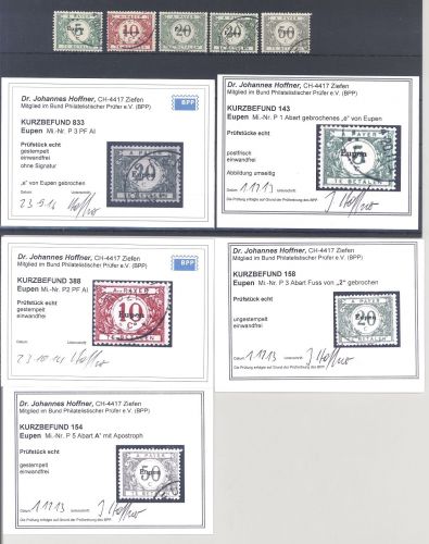 Dt. Abstimmung Eupen, gestempelter Posten Abarten, 5 Befunde BPP