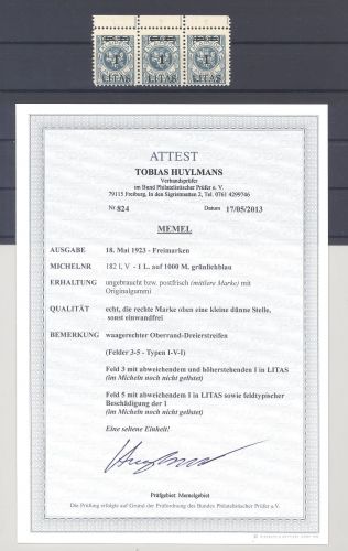 Memel Michel Nummer 182 als */** Dreierstreifen mit PF, FA BPP