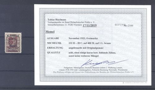 Memel Michel Nr. 232 II aus Lit. Bes. 1923 ungebraucht *, Befund BPP