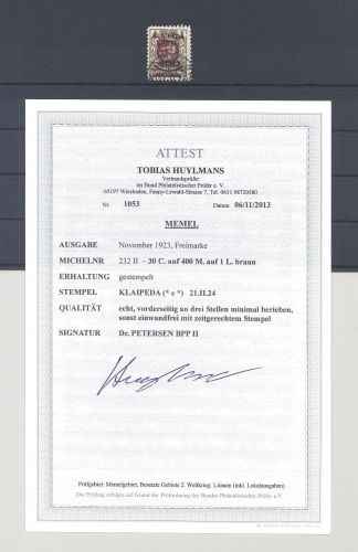Memel Michel Nummer 232 II aus Lit. Bes. 1923 gestempelt, FA BPP