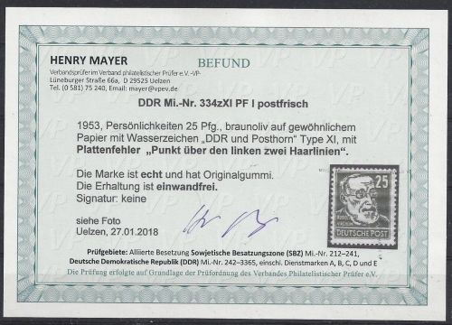 DDR Mi 334 z XI ** mit PF I einwandfrei, Befund Mayer VP
