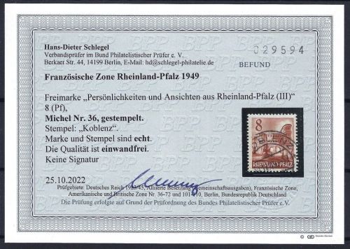 Rheinland Pfalz Mi 36 ° einwandfrei mit Befund Schlegel BPP