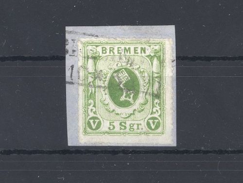 Bremen Michel Nummer 9c, 5 Sgr. Freimarke 1863 auf Briefstück