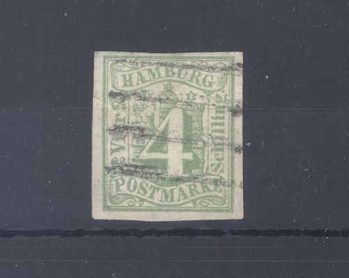 Hamburg Michel Nummer 5, 4 S. Freimarke 1859 gestempelt, geprüft