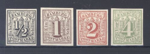 Hamburg, 4 ungebrauchte * Werte aus Michel Nummer 1-7, meist geprüft