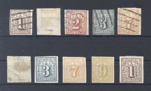 Hamburg, interessanter Posten aus Michel Nr. 1-7, Freimarken 1859