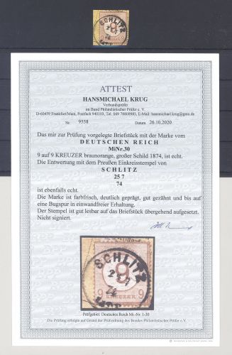 Dt. Reich Michel Nummer 30, 9 Kreuzer 1874 Preußen Stempel, FA BPP