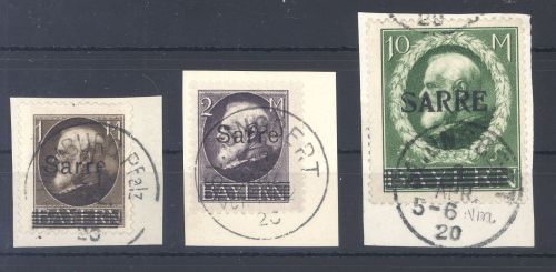 Saargebiet Michel Nr 27, 28 und 31 aus Sarre 1920 Briefstücke, geprüft