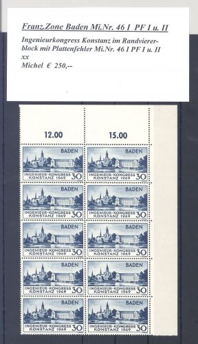 Franz. Zone Baden Michel Nummer 46 I Zehnerblock Plattenfehler I+II **