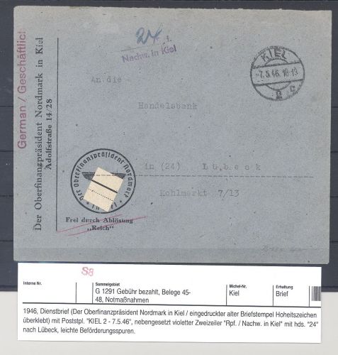 Dt. Lokalpost Kiel, Dienstbrief 1946 mit 24 Pfg. Nachw. in Kiel