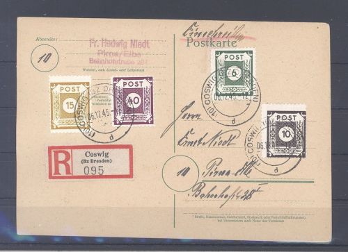 SBZ, Karte mit 4 Werten aus 42-50 D III, Coswig 1945, geprüft BPP