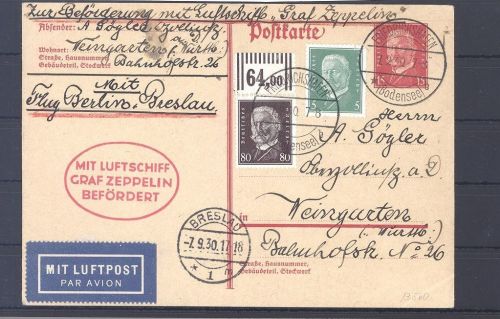 Dt. Reich, Zeppelinkarte Michel Nr. 422 W OR nach Breslau, gp. BPP