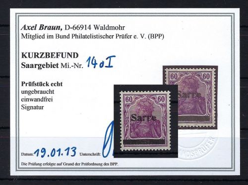 Sarre 14 a I *, einwandfrei, Originalgummi, KB Braun BPP