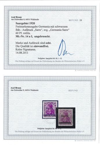 Sarre 14 a I *, einwandfrei, Originalgummi, Befund Braun BPP