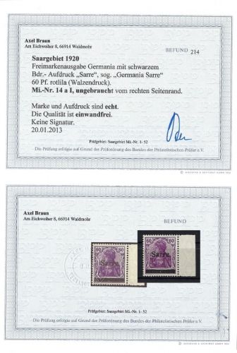 Sarre 14 a I *, einwandfrei, Originalgummi, Befund Braun BPP