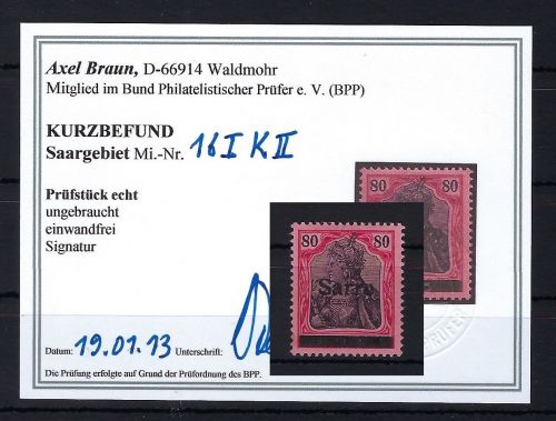 Sarre 16 I K II *, einwandfrei, Originalgummi, KB Braun BPP