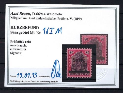 Sarre 16 I M *, einwandfrei, Originalgummi, KB Braun BPP