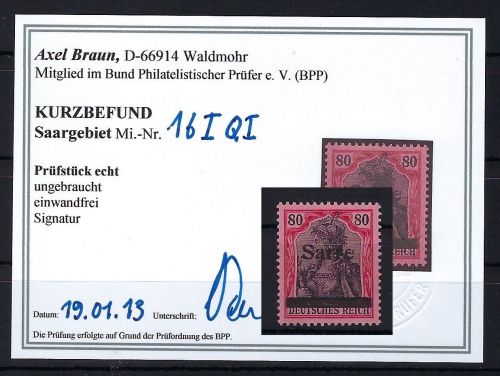 Sarre 16 I Q I *, einwandfrei, Originalgummi, KB Braun BPP