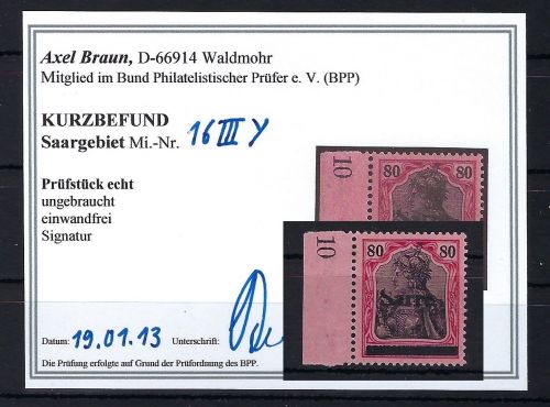 Sarre 16 III Y *, einwandfrei, Originalgummi, KB Braun BPP