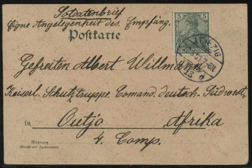 DSWA Feldpost 1901, AK nach Outjo, trotz Portofreiheit wurde frankiert