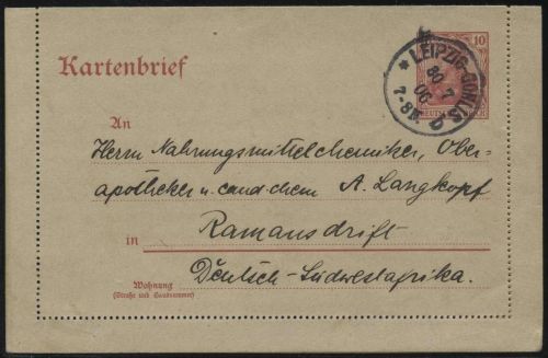DSWA, DR Kartenbrief n. Ramansdrift, Stpl. Typ 2, o.hne Jahreszahl