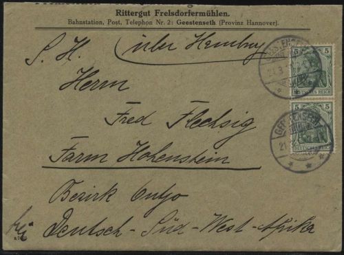 DSWA 1914, Brief Geestenseth über HH, an die Farm Hohenstein über Outjo
