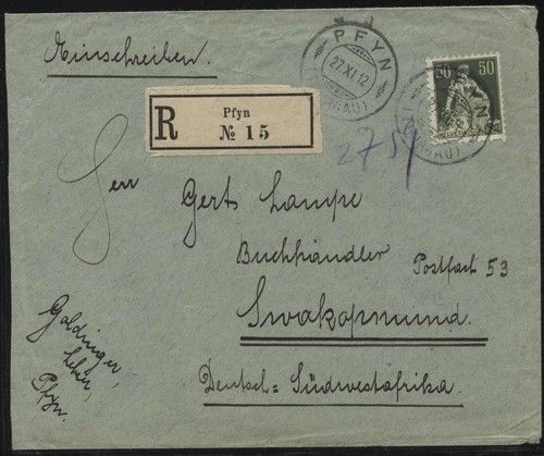 DSWA 1912, R-Brief aus Pfyn (Schweiz) nach Swakopmund