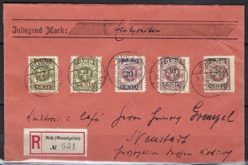 Memel Mi 167, 168, 171-173, Wertbrief / Einschreiben Ruß-Neustadt 1923