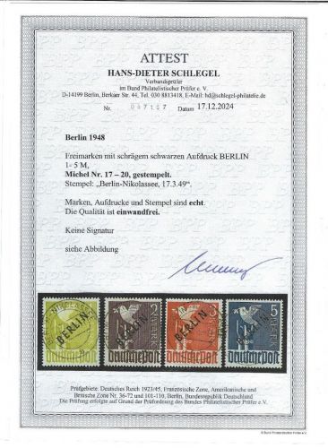 Berlin Mi 17-20, ideal gestempelt, FFA Schlegel BPP, Luxus, Gummi