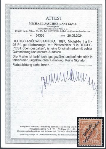 DSWA Mi I a * mit PF II, Originalgummierung, mit FFA J.-Lantelme BPP