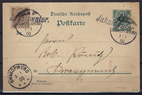 DSWA 1900, GA und Zusatzfrankatur mit Wanderstempel Jakalswater