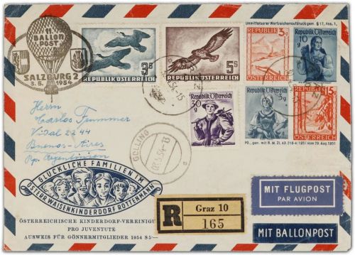 Österreich Kinderdorf-GA, Ballonpost n. Buenos Aires 1954