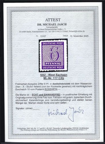West Sachsen 1945, Mi 117 CXb** mit FFA Dr. Jasch BPP, sehr selten!