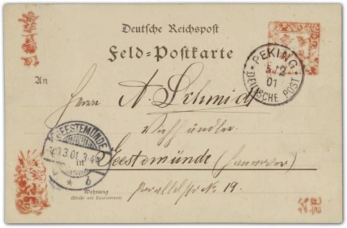 DAP China-Boxeraufstand 1901, Feldpostkarte von Peking n. Geestemünde