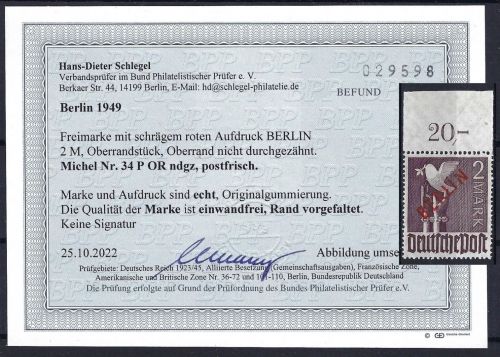 Berlin Mi 34 P OR ndgz **, Marke einwandfrei, Befund Schlegel BPP